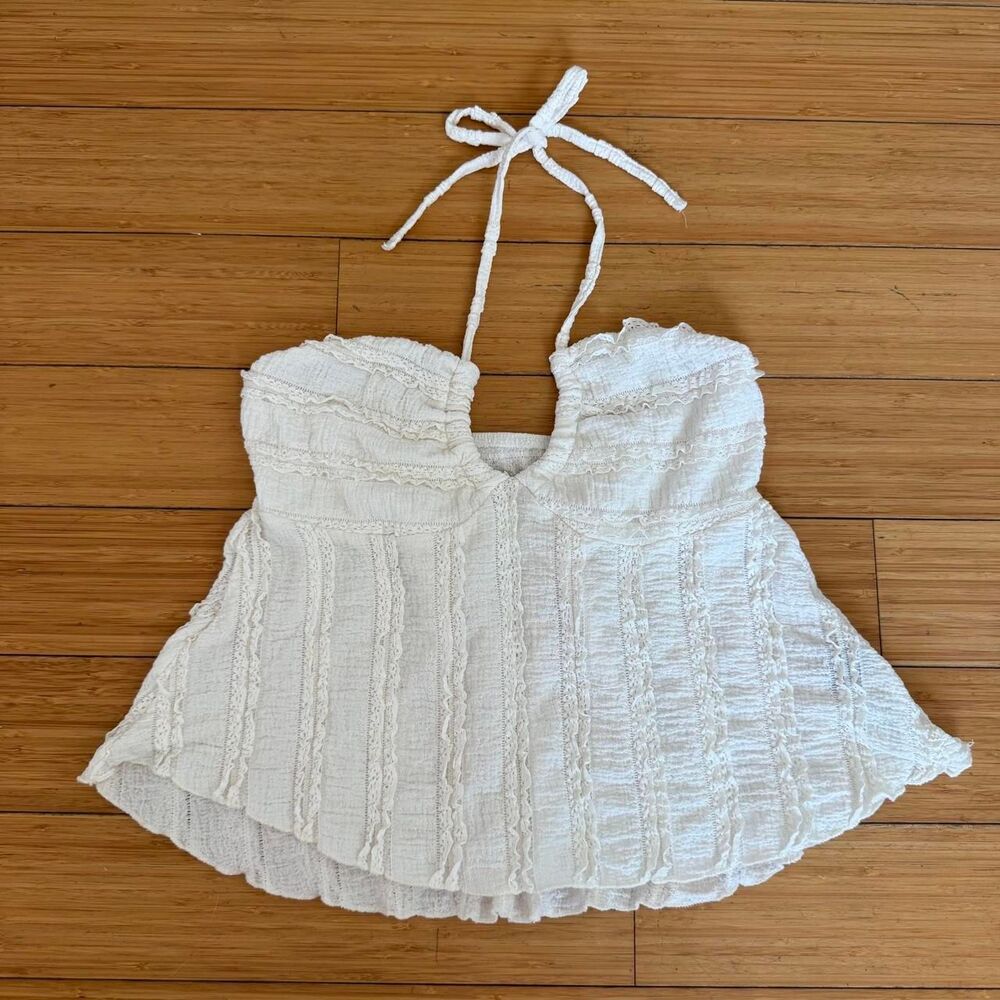 White Textured Knit Halter Babydoll Tank Top Medium